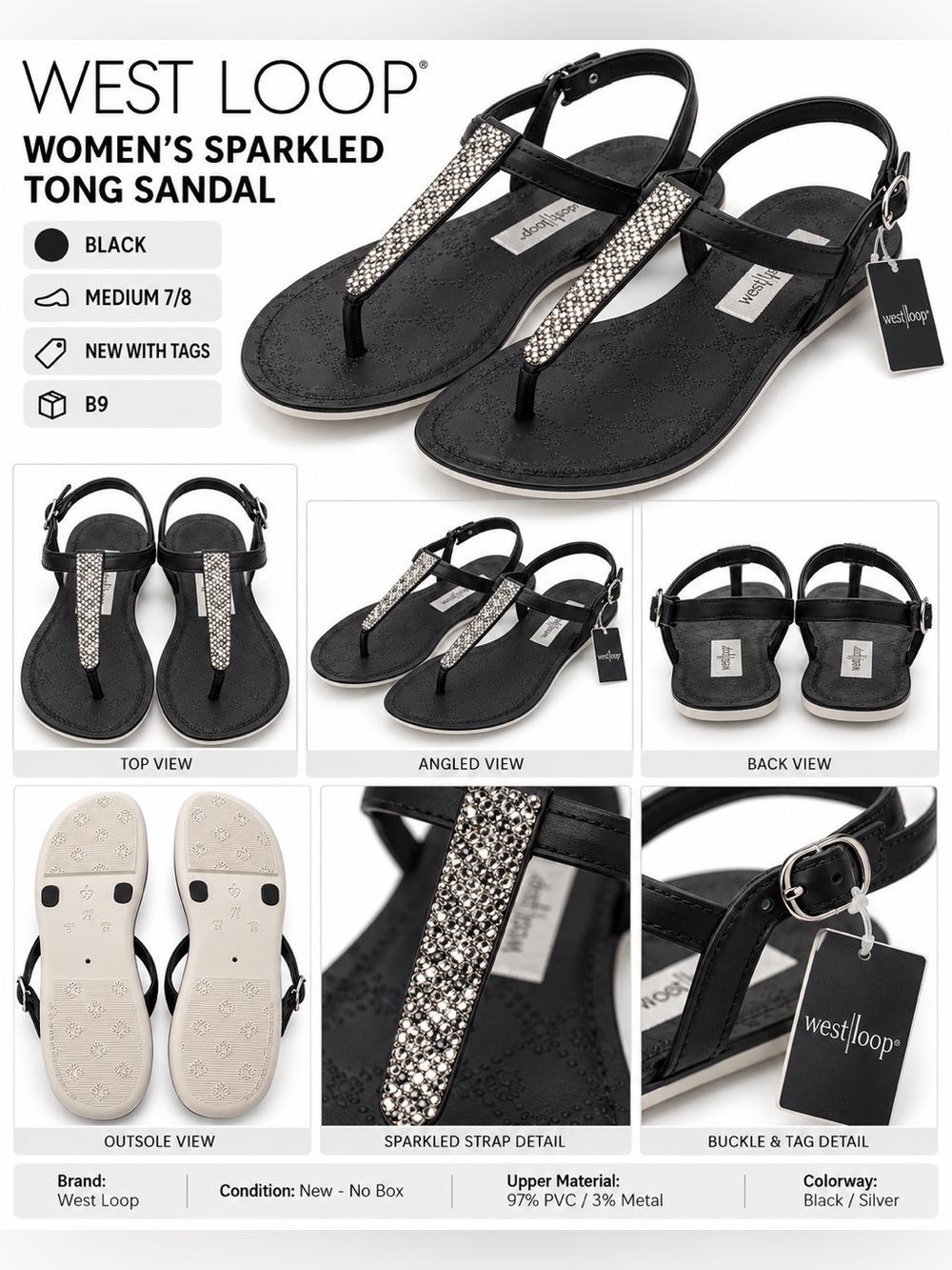 WEST LOOP WOMEN’S THONG SANDALS – BLACK SIZE MEDIUM 7/8 (NEW WITH TAGS) B9